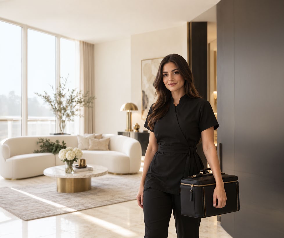 An ORES professional in a black uniform, holding her kit case, in a bright living room